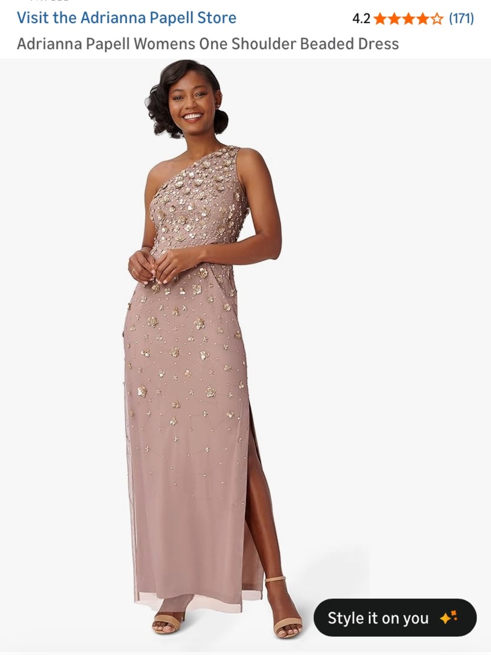 Adrianna Papell One-Shoulder Beaded Gown in Dusty Rose and Gold